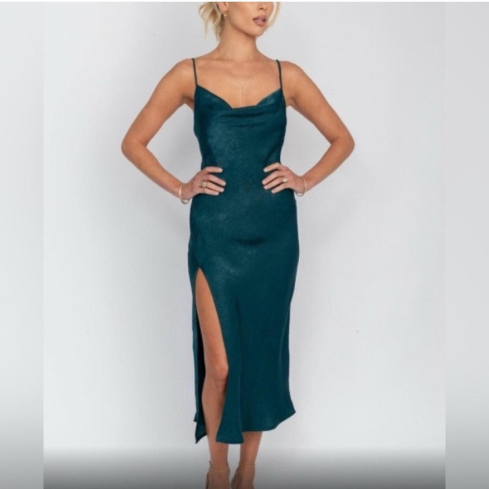 RESA Green Slip Midi Dress with Slit Spaghetti Straps